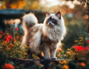 Beautiful cat with blue eyes on the background of the autumn garden, a field of flowers, Bourgeois, magnificent, an impressionist painting,