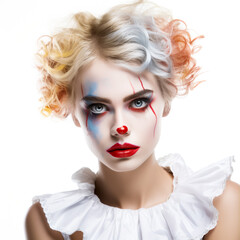 Fototapeta premium Female Clown from a circus in a colorful and fun costume. Isolated on white background.