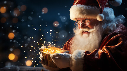 Santa Claus holding a Christmas Gift box.