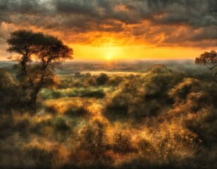 Sunset over the foggy landscape with trees and bushes in the foreground