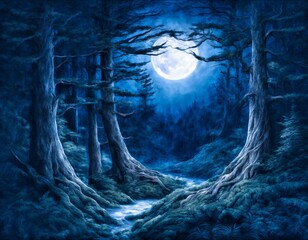 a painting of a dark forest with a full moon in the background and a path leading to the woods at night, creepy,  matte fantasy painting