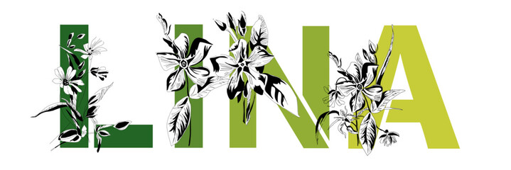 Woman's name Lina. Font composition named LINA. Decorative floral font. Typography in the style of art nouveau, modern, vintage.   ©  Vi Min
