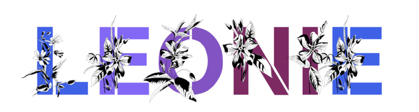 Woman's name Leonie. Font composition named LEONIE. Decorative floral font. Typography in the style of art nouveau, modern, vintage.	
