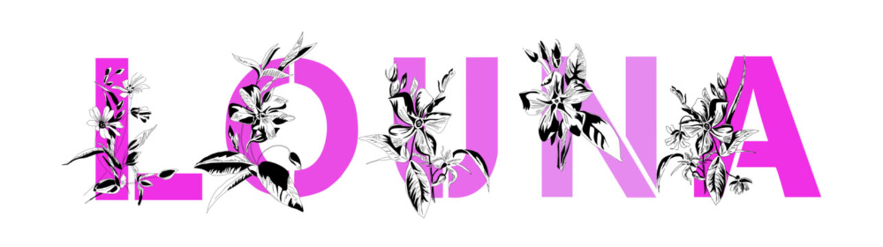 Woman's name Louna. Font composition named LOUNA. Decorative floral font. Typography in the style of art nouveau, modern, vintage.	
