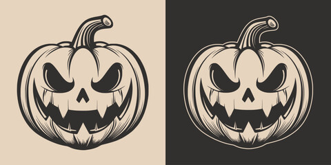 Fototapeta premium Set of scary spooky boo Halloween pumpkin lantern monster. Traditional autumn october american holiday symbol. Graphic Art Illustration