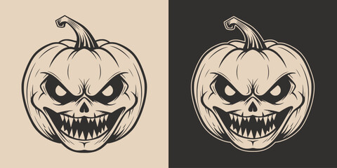 Set of scary spooky boo Halloween pumpkin lantern monster. Traditional autumn october american holiday symbol. Graphic Art Illustration