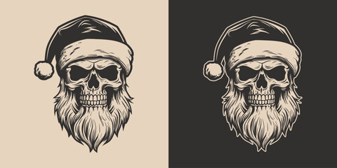 Set of vintage retro tattoo bad scary horror spooky skull skeleton santa claus in hat. Merry christmas xmas new year holiday halloween poster. Graphic Art. Engraving vector style illustration art