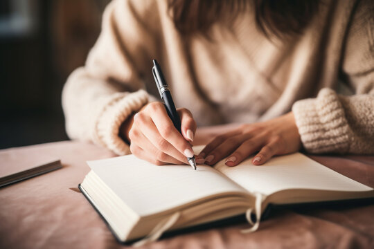 A shot of the woman writing in her notebook, capturing important ideas and plans 