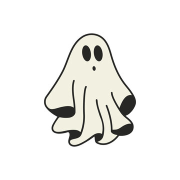Spooky halloween ghost. Fly phantom spirit with scary face. Ghostly apparition in white fabric vector illustration