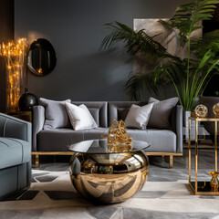 Living room interior with gray furniture and golden coffee table. Created using generative AI