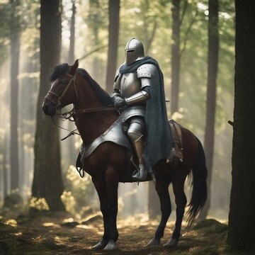 Enigmatic Knight Riding Majestic Stallion Through Enchanted Woods under Glowing sunlight