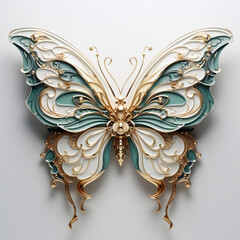 3d rendered blue, White and gold butterfly on a white background, in the style of  metallic...