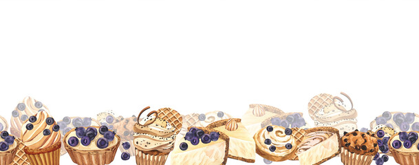 Watercolor seamless frame dessert muffin, cupcake, bun, cheesecake with blueberry. Hand-drawn illustration isolated on white background. Perfect food menu, design packing, bakery shop, tea party