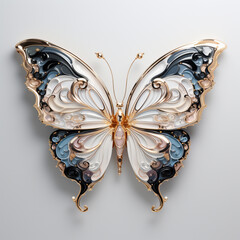 3d rendered blue, White and gold butterfly on a white background, in the style of  metallic surfaces,