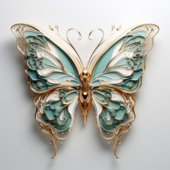 3d rendered blue, White and gold butterfly on a white background, in the style of  metallic...