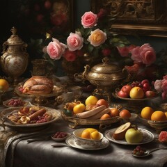 rococo style still life breakfast table full of dishes tureens fruit plate sausage cheese bread baguio