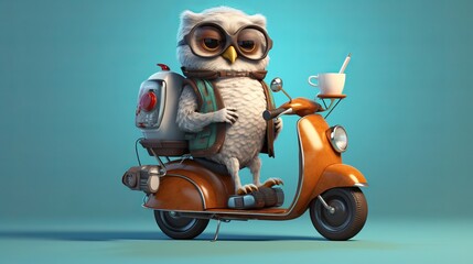 An owl on a moped carries coffee and pizza. Animal courier. Night delivery concept. Owlet cute on a turquoise background, forest bird illustration. Postcard or template with copy space