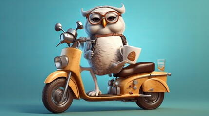 An owl on a moped carries coffee and pizza. Animal courier. Night delivery concept. Owlet cute on a turquoise background, forest bird illustration. Postcard or template with copy space