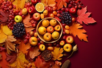 Naklejka na ściany i meble Red and Orange Autumn Leaves with grape and apples Background.