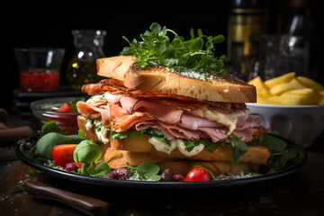 Big club sandwich with extra ham, melted cheese, pesto, vegetables, and lemon.