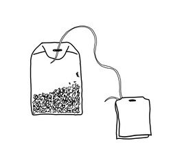 Black and white tea bag. Tea time. Hand drawn illustration