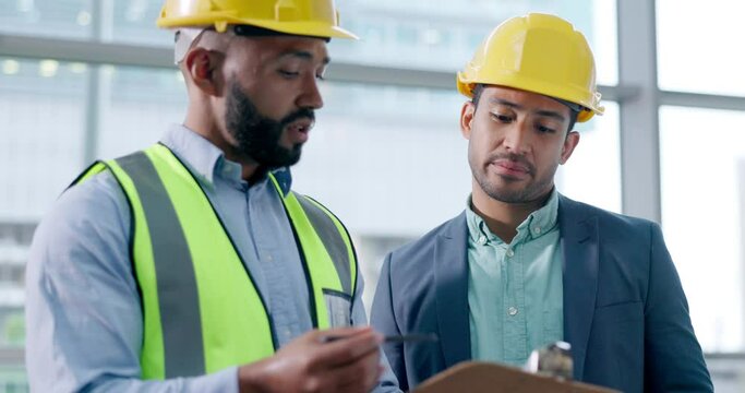 Businessman, talking or construction clipboard planning with architecture engineer for design, development or developer building. Thinking men, ideas and paper questions for contractor in maintenance