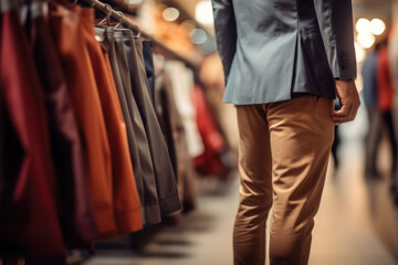 Fototapeta premium Man is choosing clothes in the clothing store in the mall. AI generated