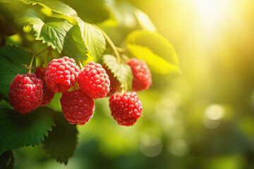 Close-up view of a ripe red raspberries on a branch.