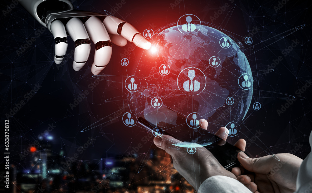 Poster 3d rendering artificial intelligence ai research of robot and cyborg development for future of peopl