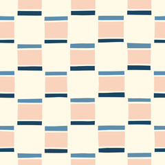 Hand-Drawn Blue and Pink Geometric Checks Vector Seamless Pattern. Modern Retro Palyful Print. Organic Square Shapes - 633871411