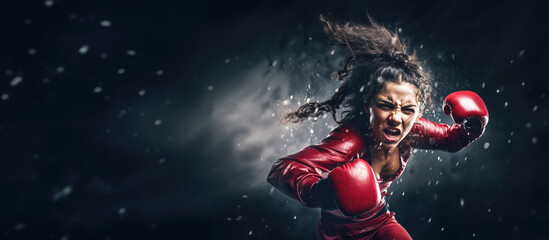 Woman with boxing gloves, action style photo - looks like she's charging attacking, screaming angry expression. Banner copy space at side. Generative AI
