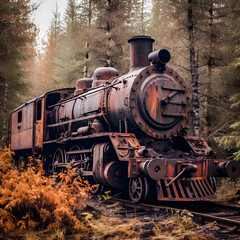 Fototapeta premium Forgotten Power: Rusty Abandoned Steam Locomotive in Enchanted Forest - generative ai