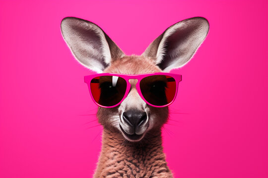 kangaroo in pink glasses. banner with pink background. Australian animal. advertising. sale. postcard