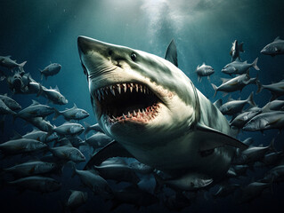 Obraz premium Dynamic Encounter: Shark Attacking a School of Fish - generative ai