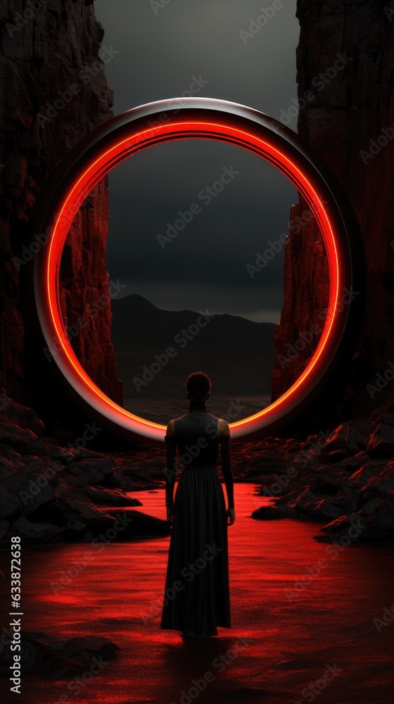 Poster a man standing in front of a red circle. generative ai image.