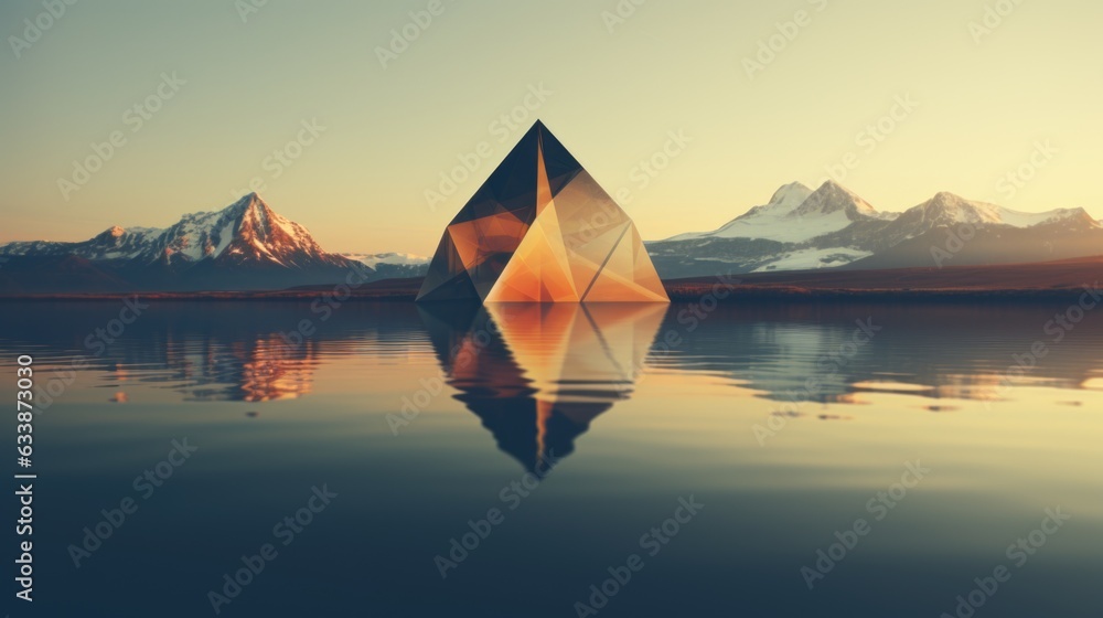 Poster a triangle shaped building in the middle of a lake. generative ai image.