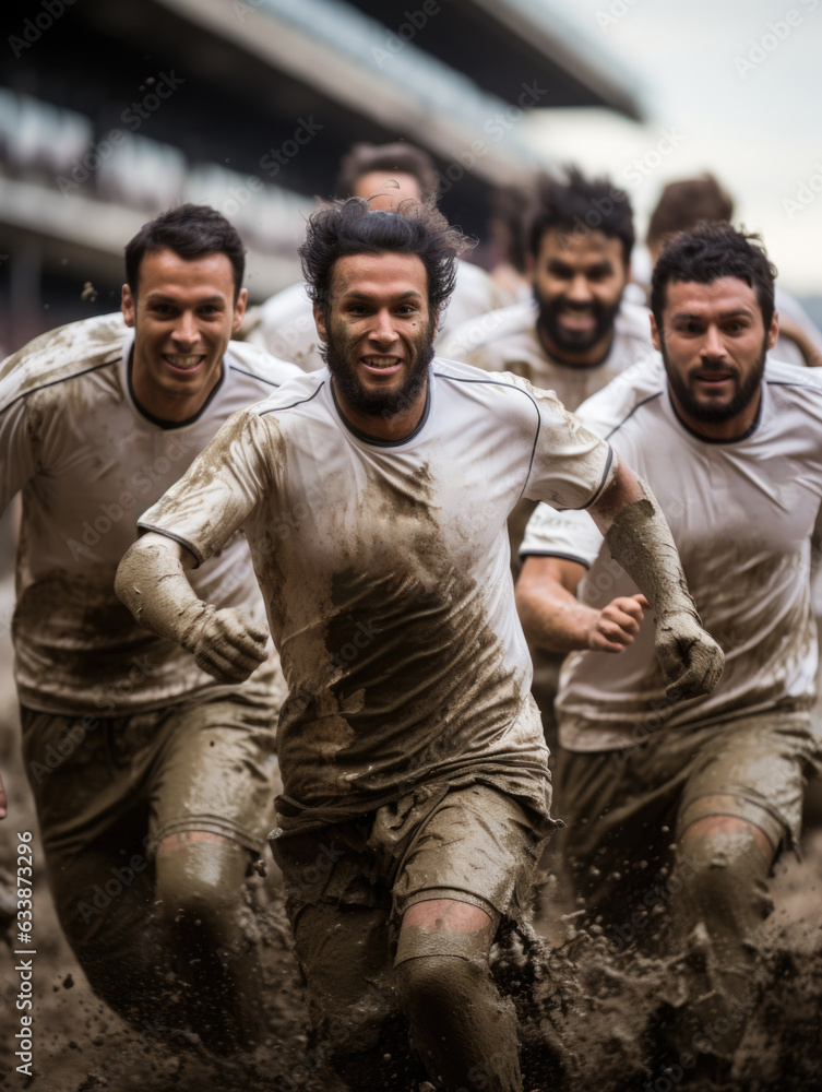 Poster a group of men running through the mud. generative ai image.