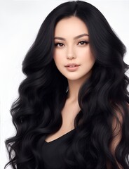 Beautiful woman with long healthy hair on white background. Haircare and facial treatment concept