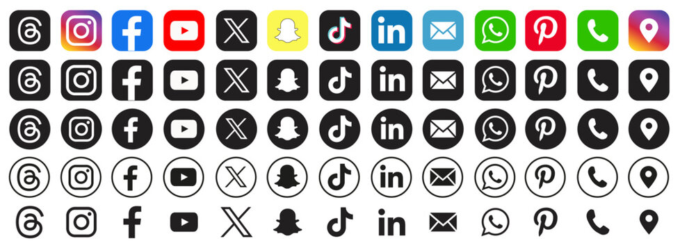 Facebook, threads, X, twitter, instagram, youtube, snapchat, pinterest, whatsapp, linkedin, tiktok Collection social media logo