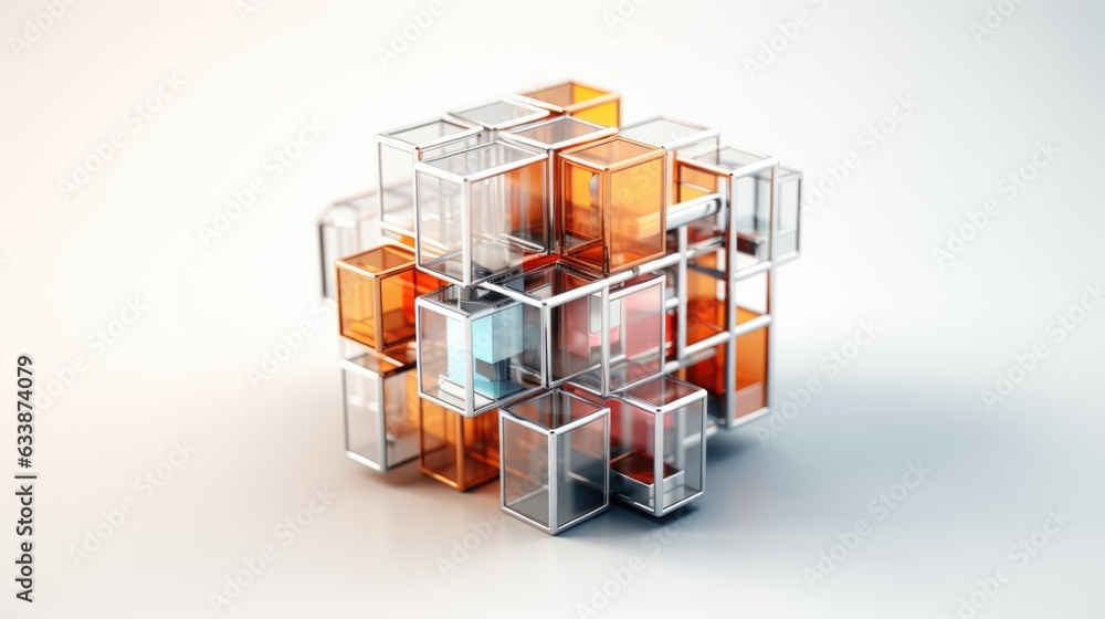 Poster 3d rendering of a cube with orange and blue colors. generative ai image.