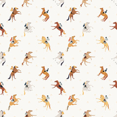Horse racing style seamless patterns. Hand drawn style.