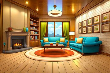 Luxurious Living Room with Elegant Furniture and Stylish Lighting. Cartoon Interior background. Vector vibrant color Illustration. Generative Ai.