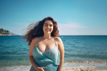 Fototapeta na wymiar Plus sized young woman in summer dress walking on a beach sunny day, confident smile - body positivity concept. Generative AI
