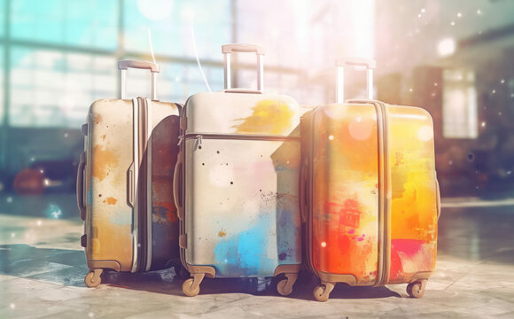 multi-colored travel suitcases of different sizes with painted blots in pastel colors on the background of the station or airport.in a watercolor style. 