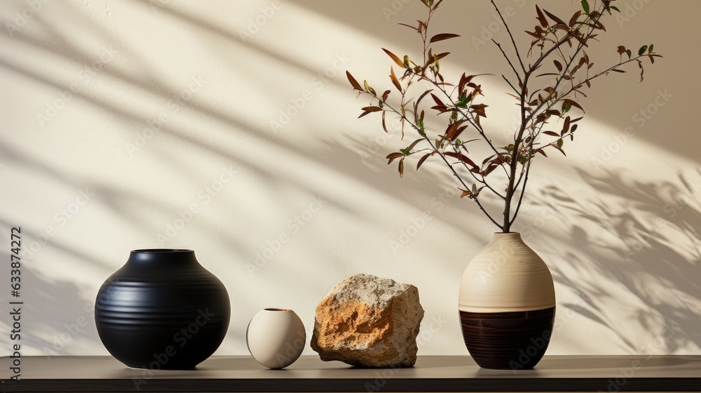 Poster a table with three vases and a rock. generative ai image.