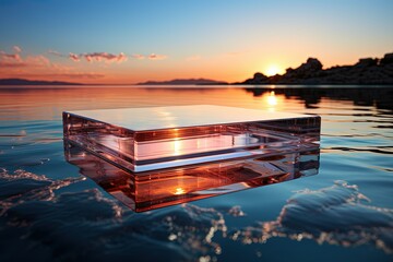 Glass podium on crystal water surface on tender sunset sky background. Show case for natural cosmetic products. Concept scene stage for new product, promotion sale and presentation - obrazy, fototapety, plakaty