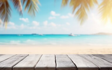 Fototapeta premium Empty white wooden table with blurred tropical beach background. Generative AI