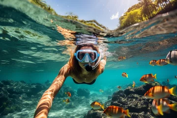 Schilderijen op glas Young woman snorkeling at the ocean over coral reefs, Caribbean, Hawaii, underwater, tropical paradise, exotic fish, travel concept, active lifestyle concept © Happy Stock