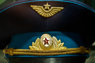 Close up of the insignia on a soviet era military officers cap
