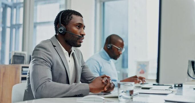 Customer service discussion, computer video call and black man on telemarketing, ecommerce or call center webinar. Office help desk, insurance agent and African person consulting on online conference